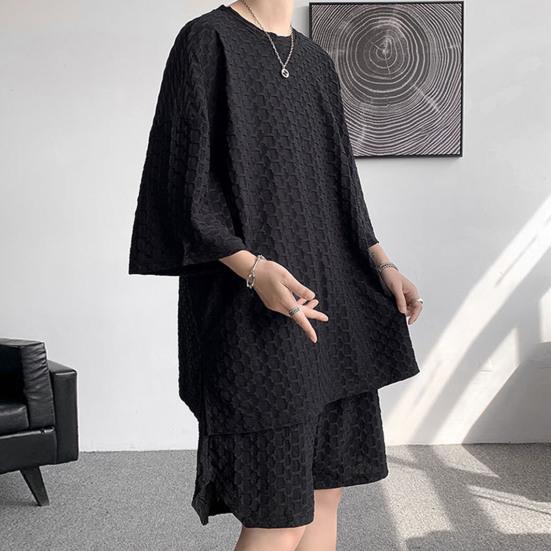 2Pcs/Set Men Casual Outfit O-neck Short Sleeve T-shirt Elastic Waist Pockets Design Wide Leg Shorts Set Solid