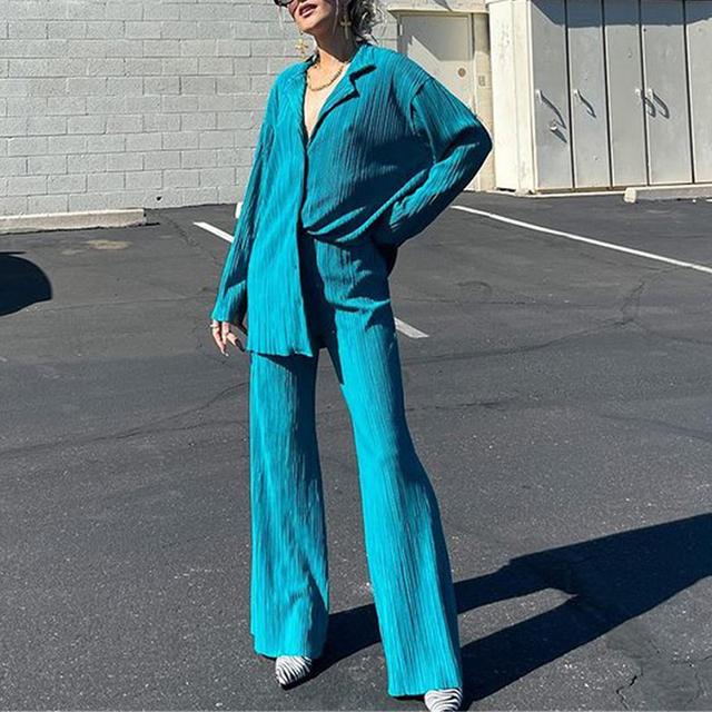 Женский элегантный плиссированный комплект из двух предметов, свободные блузки с длинными рукавами и широкие брюки с высокой талией, костюм, женская повседневная одежда