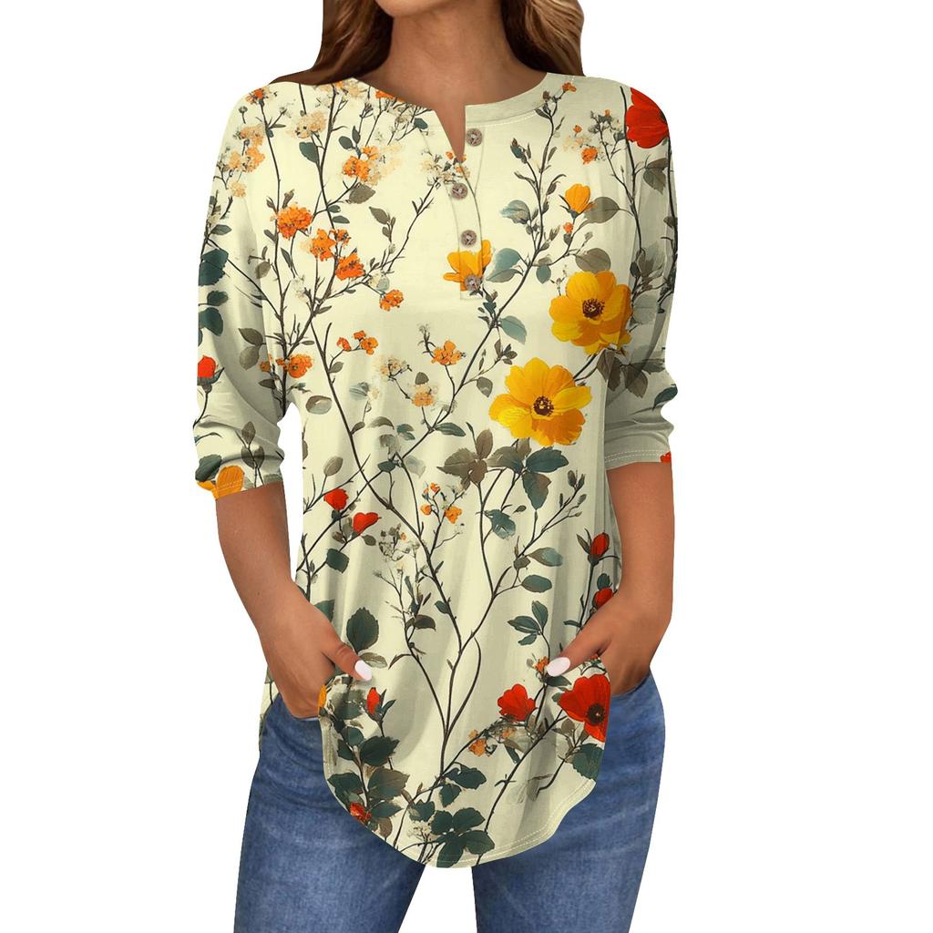 3/4 Length Sleeve Womens Tops Summer T-Shirts Floral Print V Neck Casual Basic Tee Button Shirts Tunic Tops