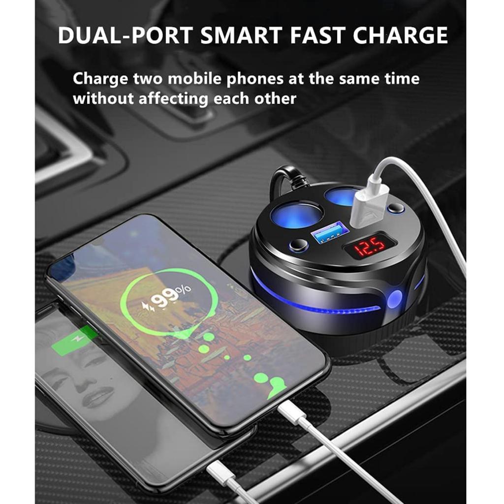 Auto Socket Lighter Adapter,Car Charger 2 USB QC and 2 Socket Cup Shape Auto Socket Lighter Splitter with LED Voltage Display Atmosphere Dual On/Off