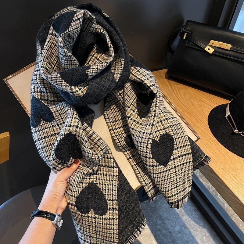New Winter Women Double Side Cashmere Scarf Love Heart Plaid Ladies Long Thickened Warm Knitted Scarf Hijab Stole XWJ111