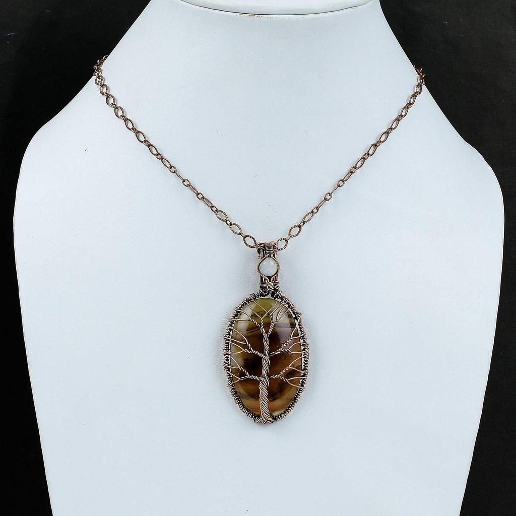 Древо Жизни Монтанский Агат Медный Кулон Кулон из проволоки Ручной работы Кулон с драгоценным камнем Кулон с лунным камнем Подарок для нее Медные украшения из проволоки