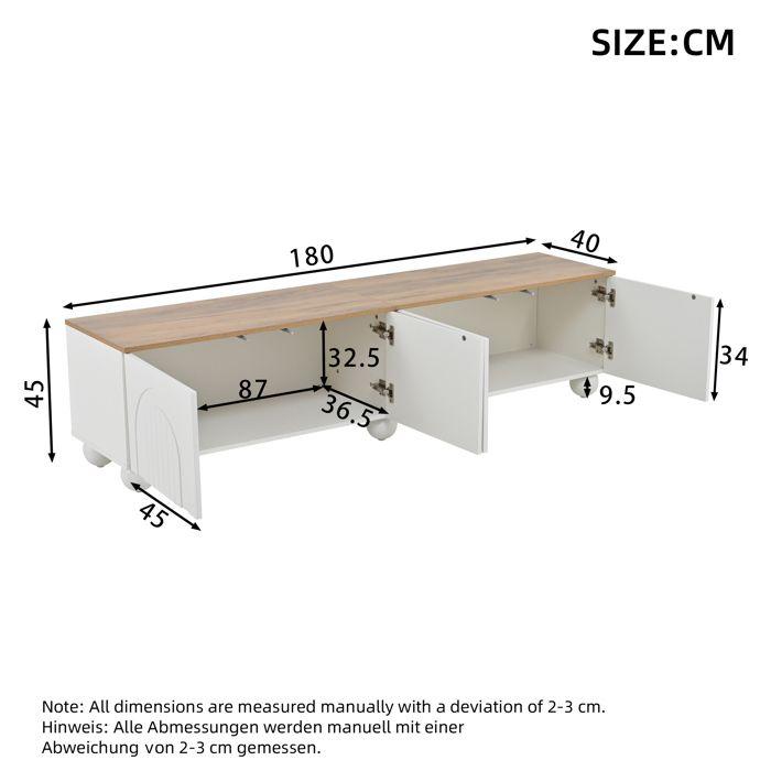 Meuble TV 180 x 40 x 45 cm - 4 portes - 6 pieds métal - MDF - Blanc + Naturel