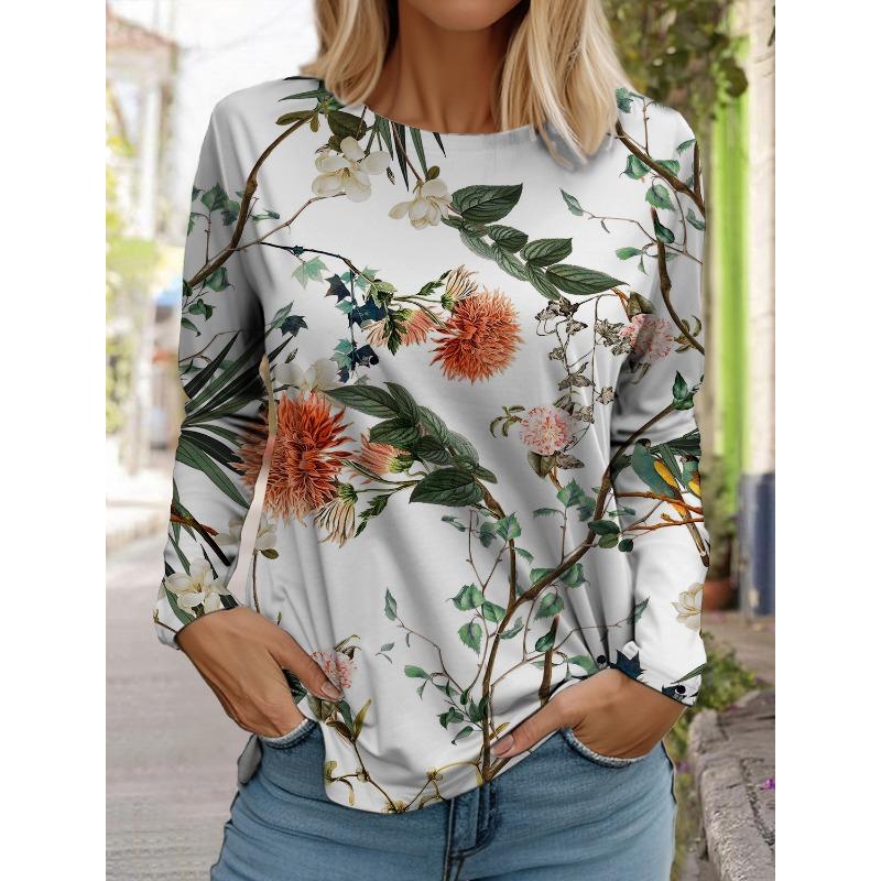 Women's White Long-sleeved Tops Round Neck Casual Tops 3d Printed Flowers Fashion Stickers Printed Women's Long-sleeved T-shirt