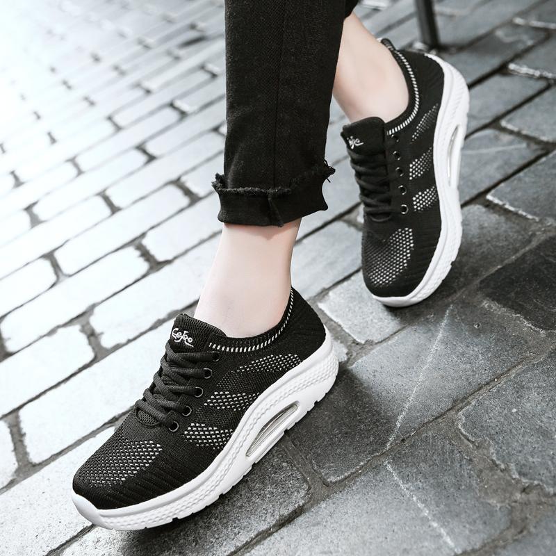 Women's Breathable Air Mesh Ankle Swing Shoes Lace Up Casual Sneakers Wedges Height Increase Platform Shoes for Female