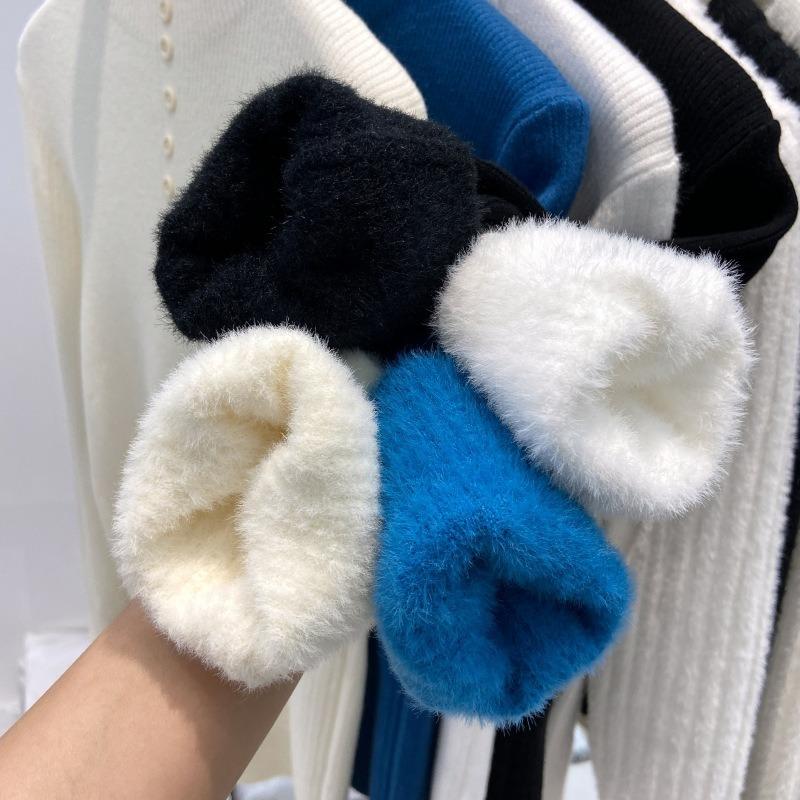 Женский вязаный свитер с полувысоким воротником на пуговицах, утолщенный, с интегрированным флисом, теплый топ, весенняя однотонная базовая футболка