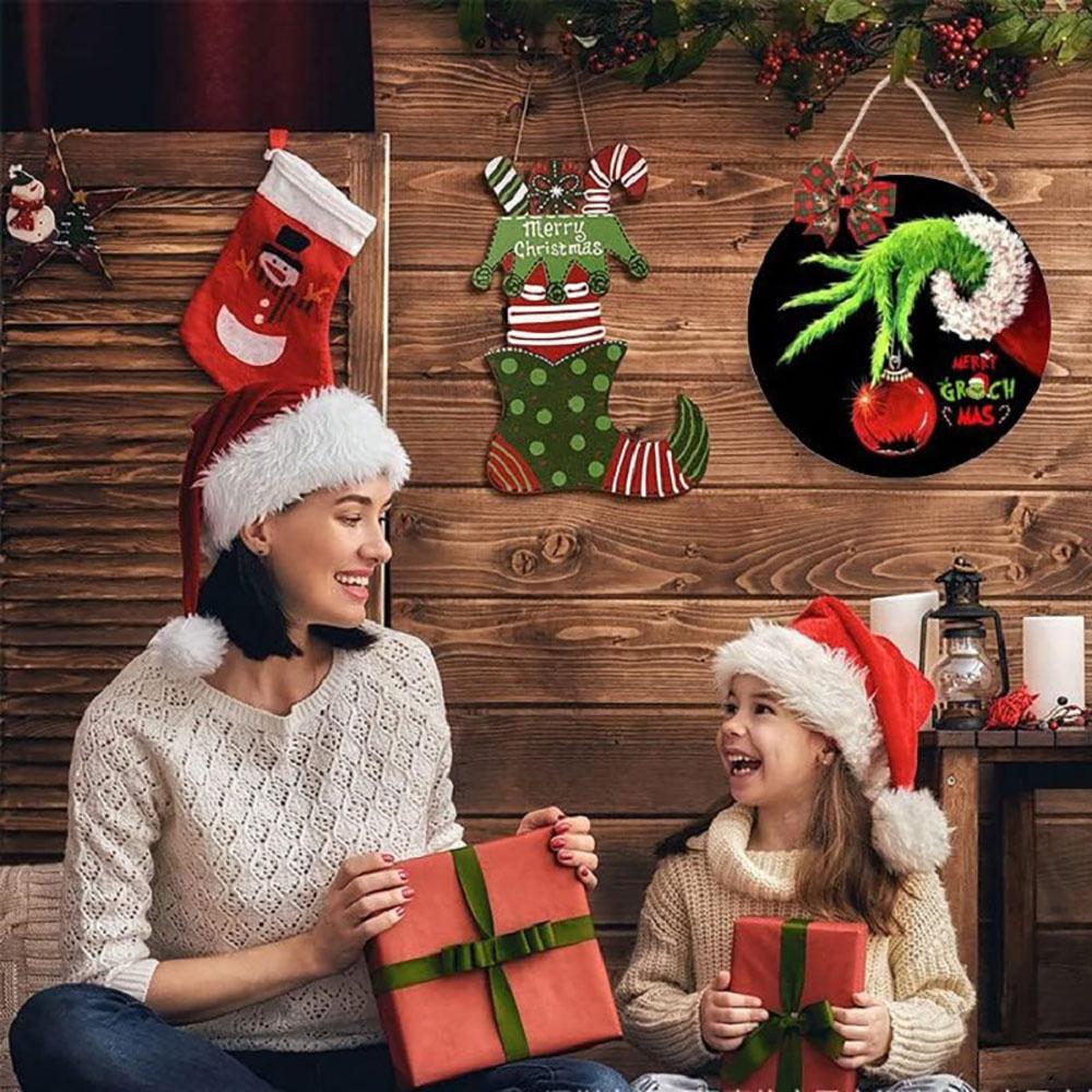 Christmas Decoration Grinch Wooden Door Wall Sign Hanger Wreath with Bow Indoor