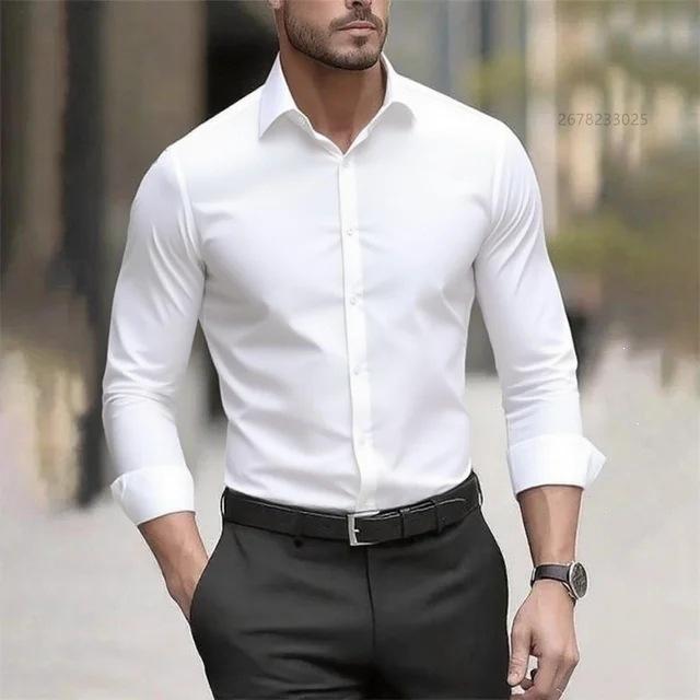 Мужская рубашка Business Casual, с длинным рукавом, однотонная, с отложным воротником, не требующая глажки, большого размера