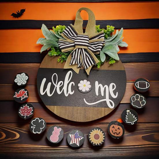 Деревянный приветственный знак, деревенский круглый дверной знак со сменными аксессуарами, венок, приветствие