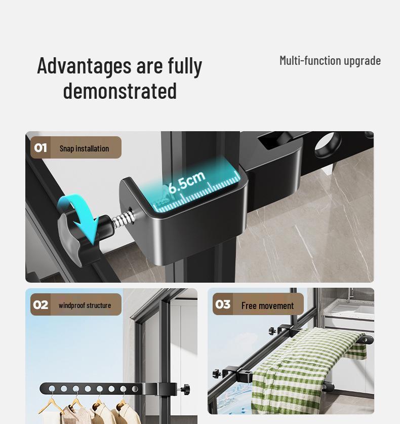 Aluminum Balcony Clothes Drying Rack with Snap-On Anti-Theft Clips for Window Frames - No Drilling Needed