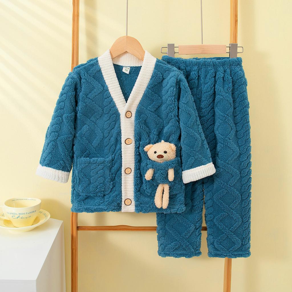Детские осенне-зимние мягкие фланелевые теплые пижамные комплекты, детская мультяшная пижама с принтом медведя, пальто и брюки, пижама для мальчиков и девочек, повседневная одежда для сна