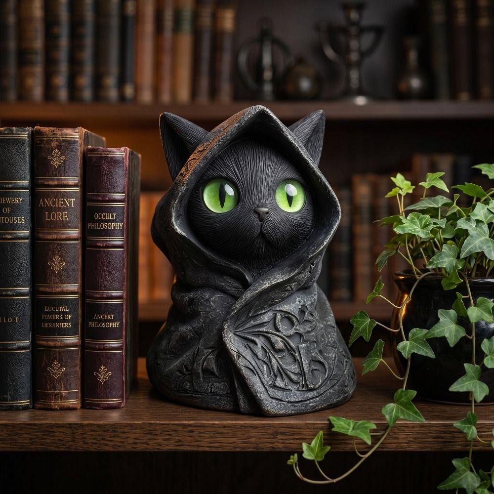 Personality 3D Printed Cat Sculpture Decoration Hooded Cloak Mystical Cat Statue Gothic Cat Ornaments Collectible
