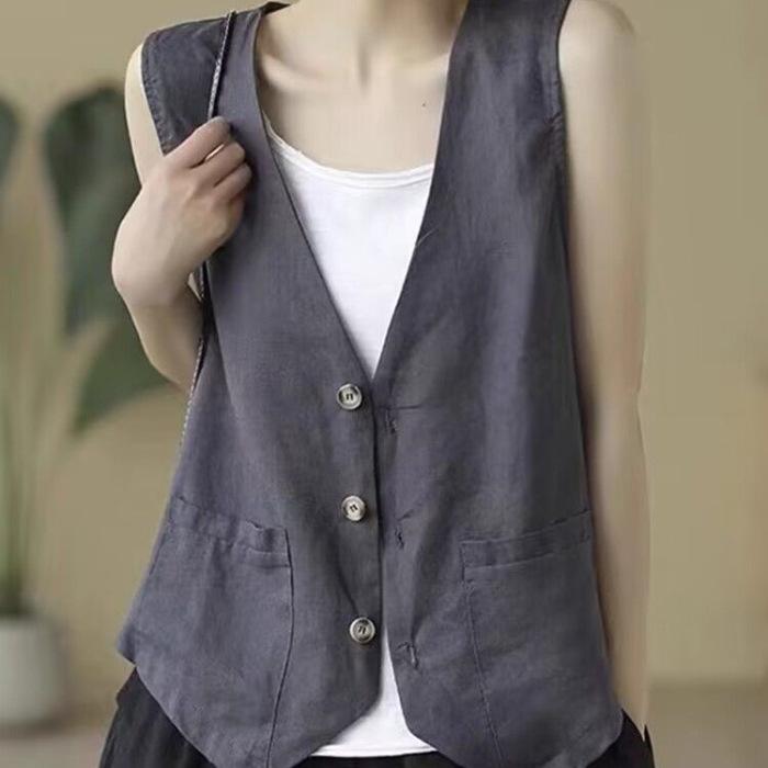 Женский льняной жилет Летний повседневный без рукавов Кардиган Куртка Свободный тонкий Повседневный жилет на пуговицах Женская уличная одежда Жилет Пальто