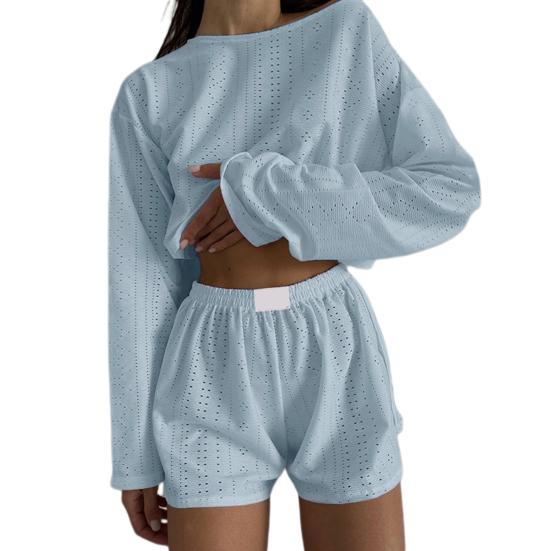 2 шт./компл., женский топ, шорты, наряд с открытой эластичной резинкой на талии, свободные, с длинными рукавами и круглым вырезом, тонкие однотонные дышащие мягкие домашние футболки, комплект с шортами