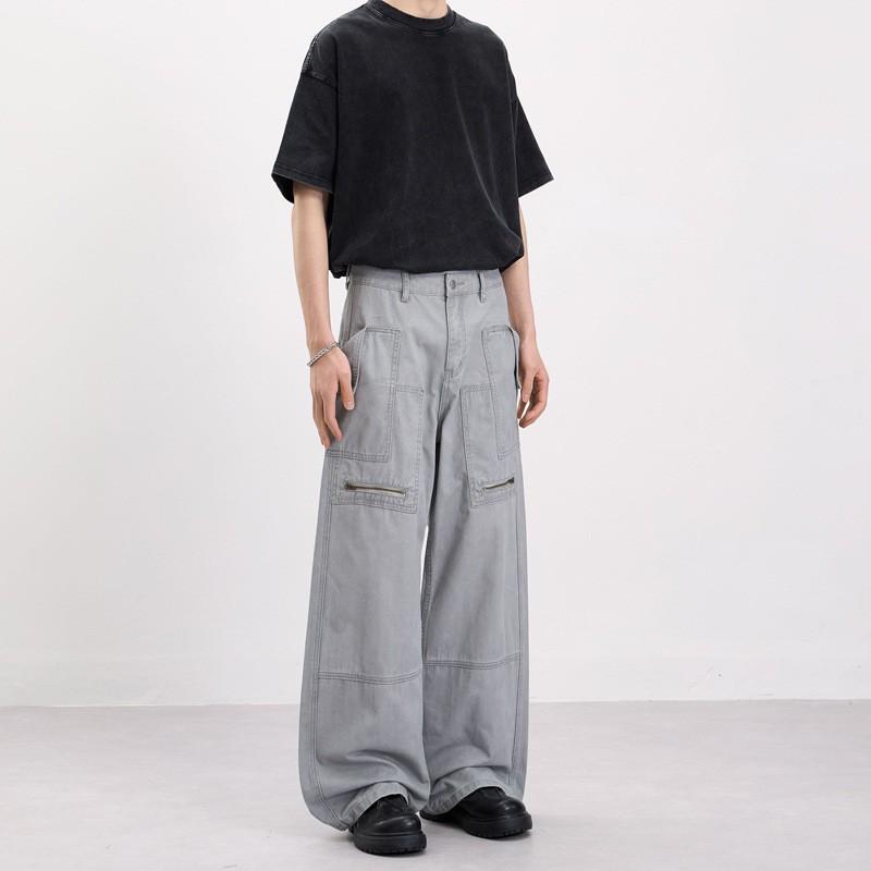 Mens Vintage Cargo Pants With Zippered Flap Pockets Straight Fit Cotton Workwear Trousers Casual Daily Wear