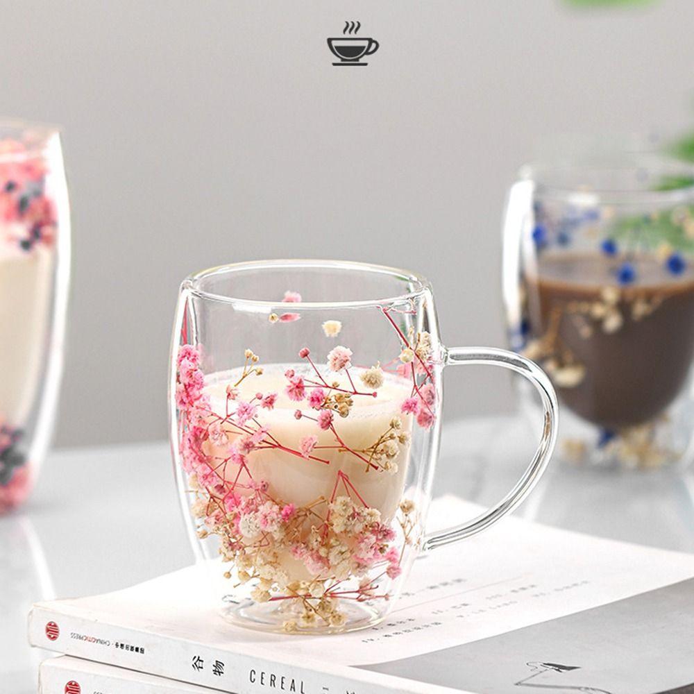 Heat Resistant Dried Flowers Glass Mugs 350ml Flower Cup Simple Coffee Mug  Home&Office