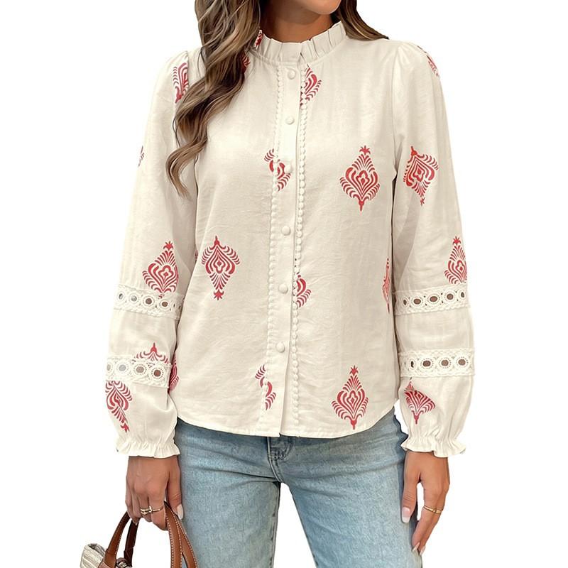 Womens 2026 Early Lace-Trimmed Round Neck Long Sleeve Shirt Blouse Casual Elegant Style