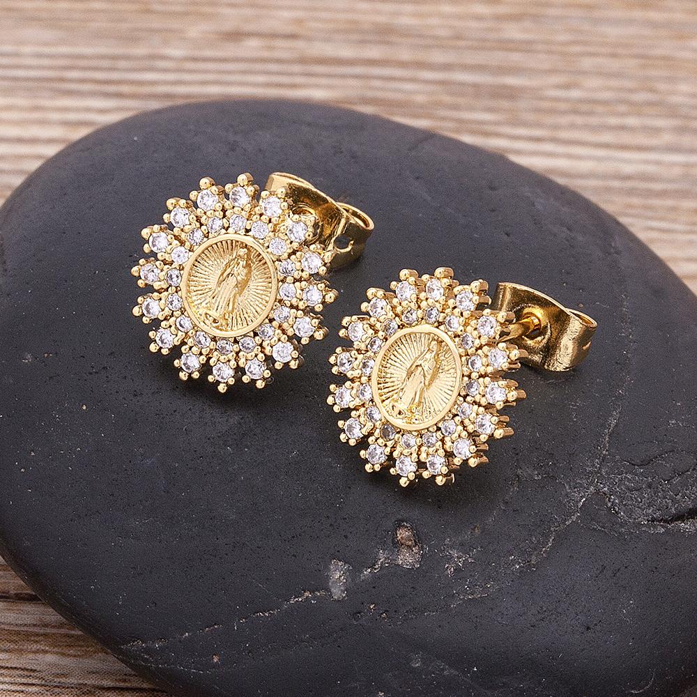 Nidin Fashion Copper Zircon Jesus & Virgin Mary Earrings Round Shape Stud Earrings for Women Lady Fine Religious Jewelry Gift