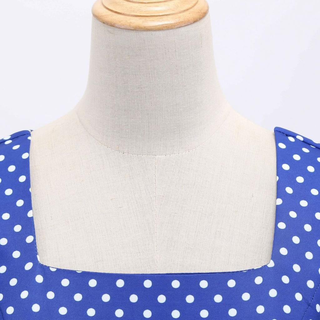 GMXIA Винтажное женское свободное платье с квадратным воротником и короткими рукавами в горошек и принтом на талии