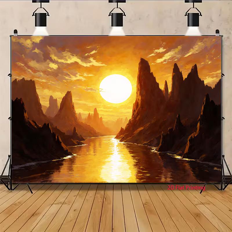 2D Golden Sunset River Banner, Majestic Canyon Landscape Decor