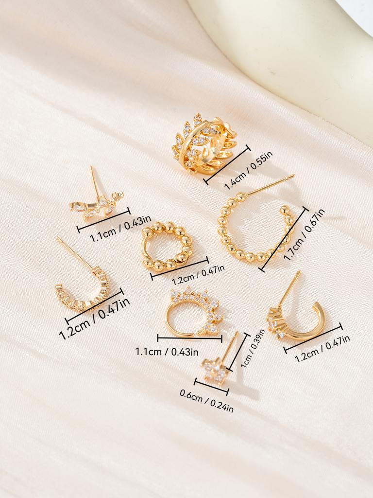 8pcs/set Exquisite Cubic Zirconia Leaf Geometric Ear Clip Stud Earring For Women's Wedding Party Accessories, High-End Jewelry