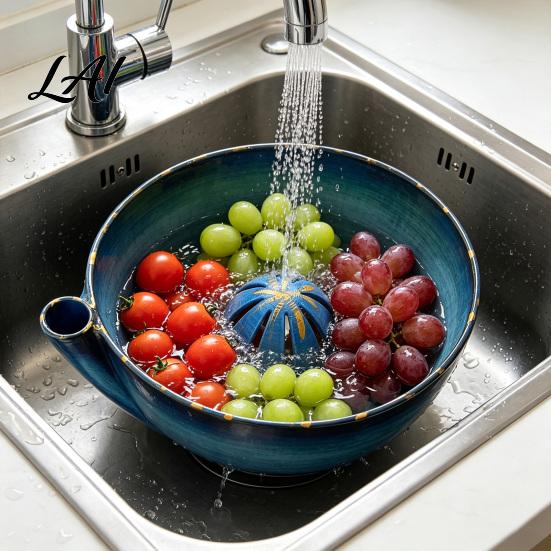 Fruit Wash Colander Cleaner Berry Bowl with Drainage Holes Rinse Handmade Rustic Style Basket for Kitchen Countertop Rinsing