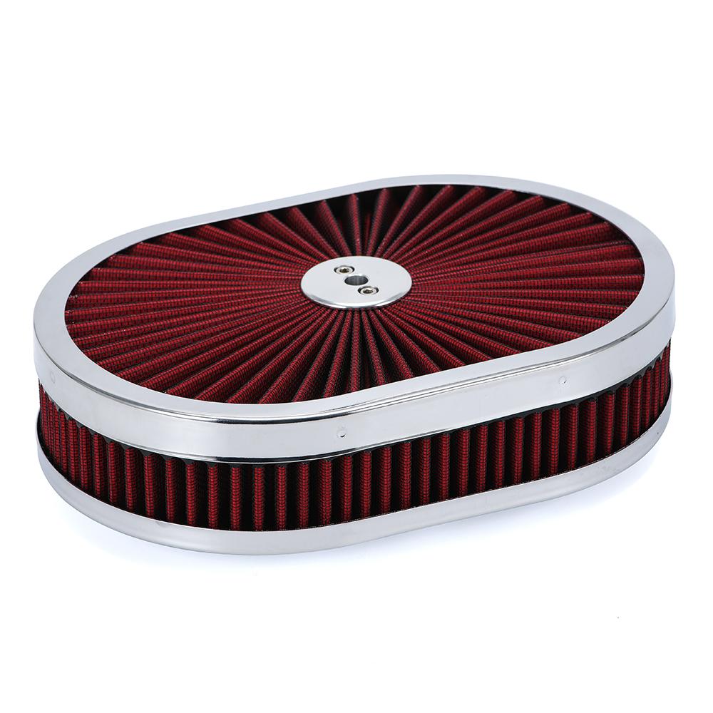 12"x2" Oval Air Cleaner Filter Assembly 5-1/8" Carb Neck w/ Flow-Thru Lid High Flow Chrome for GMC Chevy Ford Chryler Dodge Red