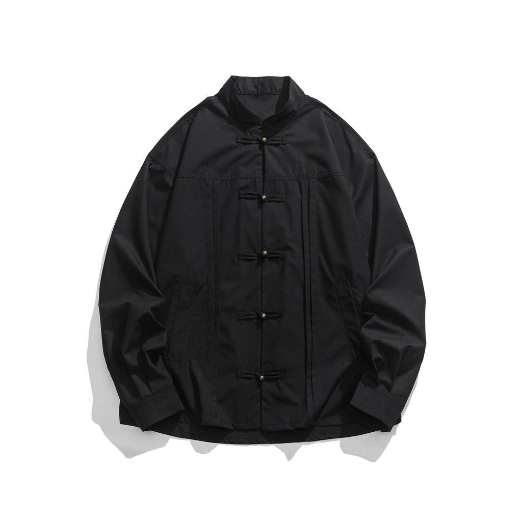 Осенняя мужская рубашка с воротником-стойкой, рубашки оверсайз, мужская рубашка с длинным рукавом в китайском стиле, формальные черно-белые повседневные ретро топы