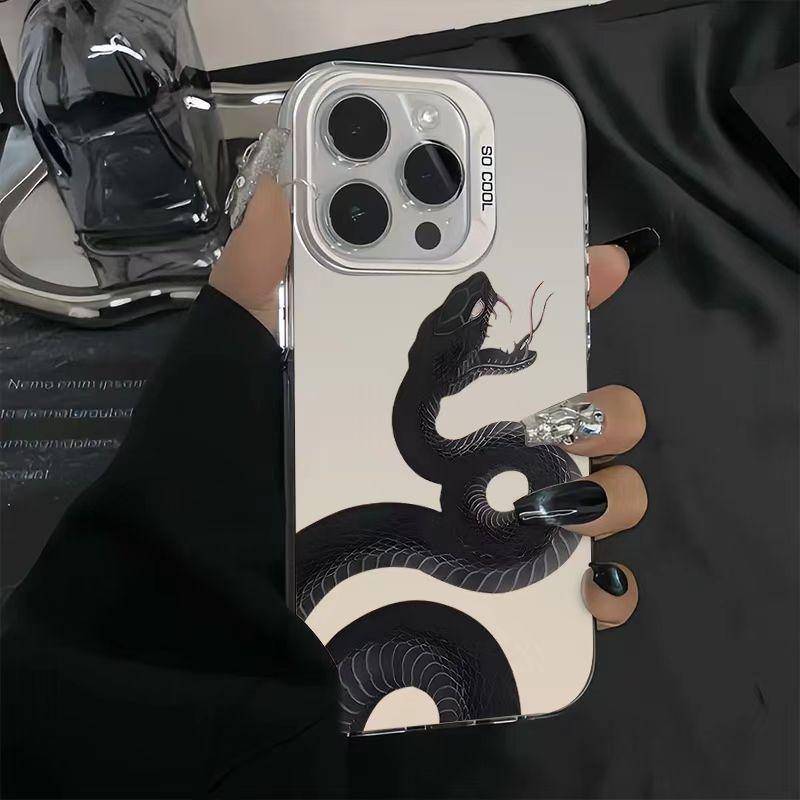 Черный Чехол-Змея с Крестом для iPhone 16 Pro, 15/14/13, 12, 11, и Xs Max/Plus, Продвинутый Лазерный Дизайн
