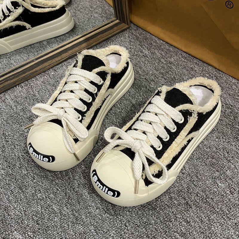 Open Smile Half Tray Bag Head Little White Canvas Shoes Women's 2024 Summer New Versatile Thick-soled Lazy Casual Cool Slippers