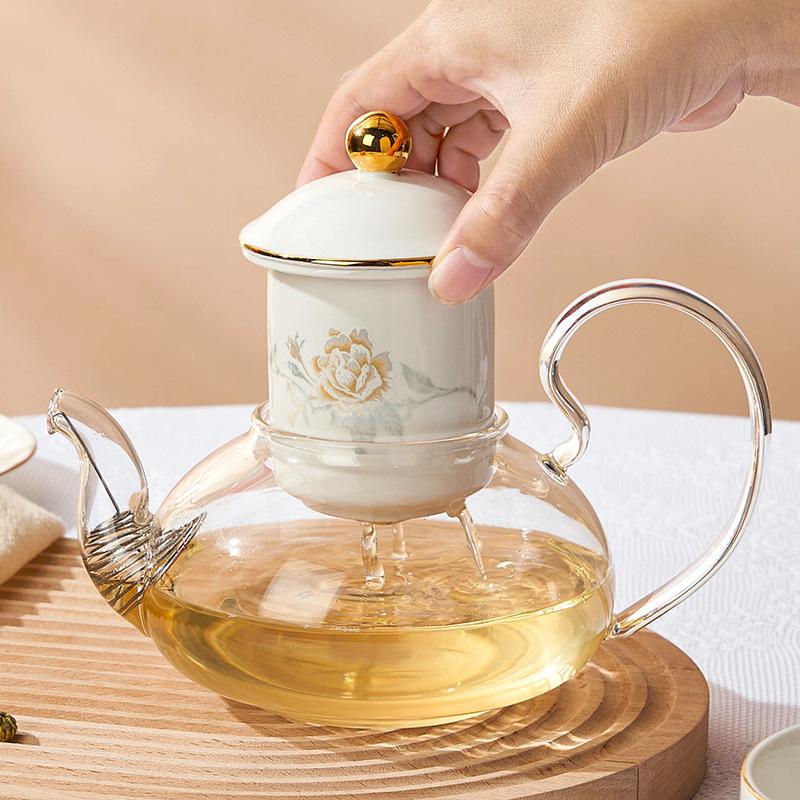 Легкий роскошный британский послеобеденный чайный сервиз со стеклянным цветочным чайником, керамической печью, подогревом свечей, заварочным чайником для замачивания фруктов