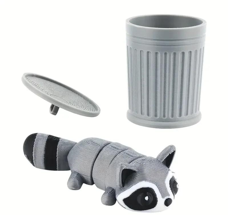 3D Printed Articulated Raccoon Fidget Toy withTrash Can Multi-Jointed Movable Animal Landscape Decorations Desktop Home Model