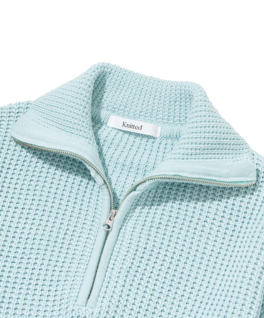 KNITTED Soft Cotton Heavy Waffle Half Zip Knit Sky Blue