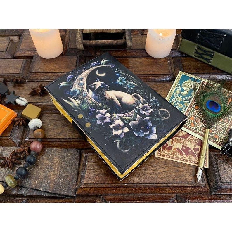 Grimoire Cat Leather Journal -Notebook Sketchbook - Book of Shadow - Witch Wiccan Journal -Handmade Deckle Edge Paper Gifts For Halloween