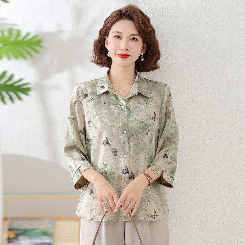 Stylish Autumn Lapel Shirt for Middle-Aged Women - Three-Quarter Sleeve