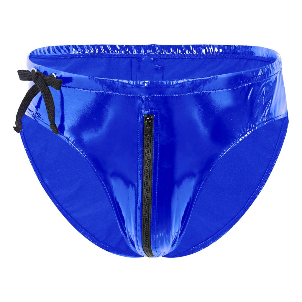 Mens Low Waist Zipper Briefs Wet Look Patent Leather Underwear Club Stage Show Costume