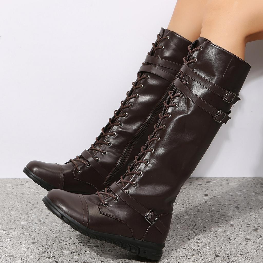 Большие размеры сапог женские 2025 осень и зима грубый каблук круглый носок шнуровка большие размеры рыцарские сапоги 43