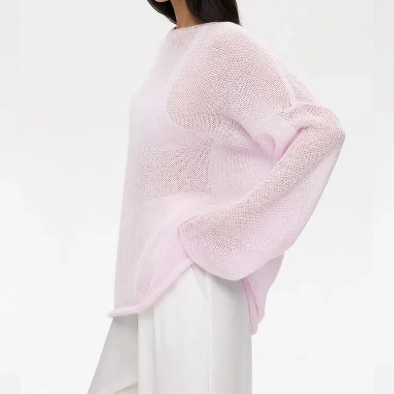 Ажурная трикотажная рубашка весна/лето женская перспектива тонкая большая круглая горловина рукав труба трикотажная футболка