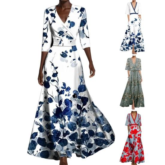 Женское платье макси с цветочным принтом в стиле бохо, повседневное платье миди с коротким рукавом и V-образным вырезом, женское летнее пляжное длинное платье А-силуэта