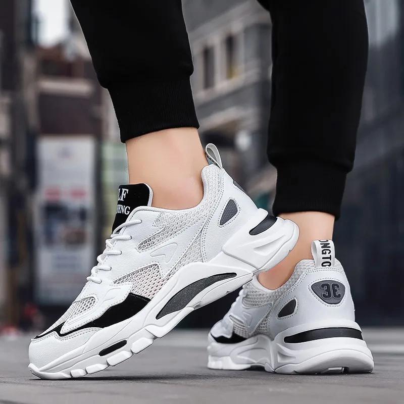 Модные сетчатые мужские кроссовки белые летние кроссовки на платформе стильные мужские кроссовки на шнуровке дышащая мужская теннисная обувь мужская спортивная обувь
