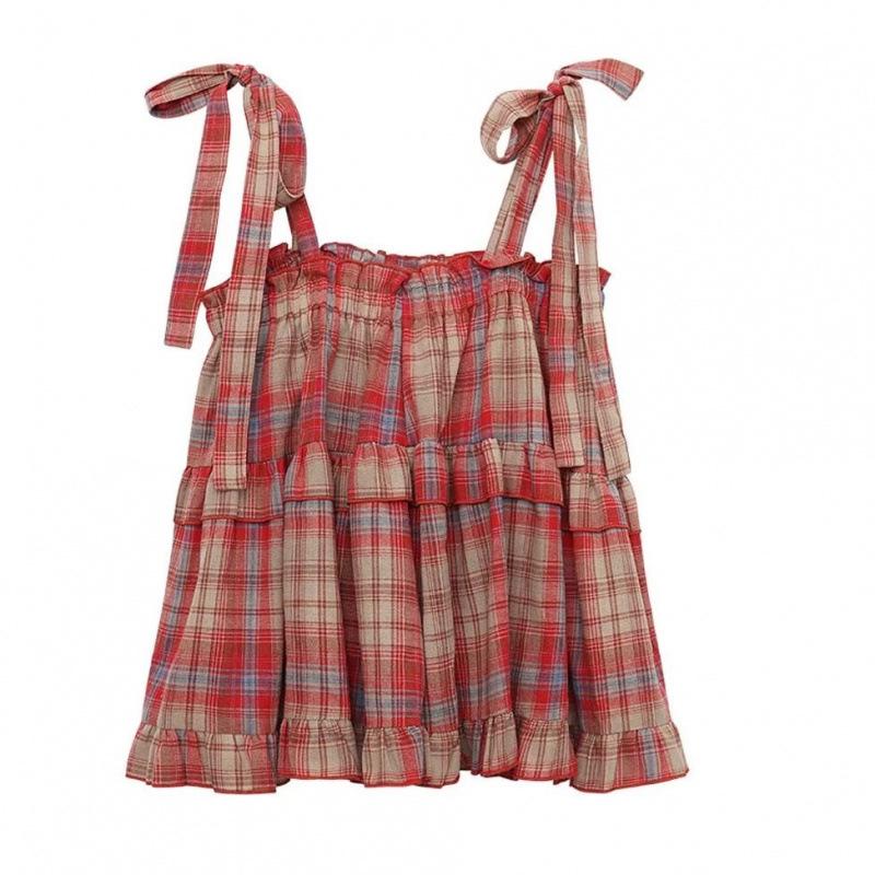 Красный клетчатый женский винтажный оборки милые девичьи укороченные топы праздничный крутой уличный стиль колледж стильная принцесса без рукавов