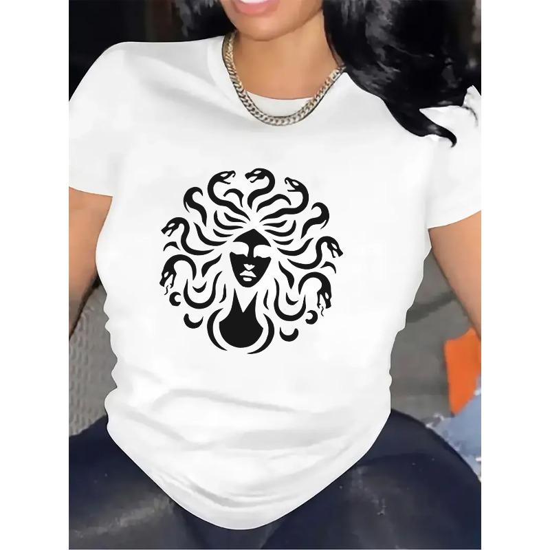 Women's Medusa Print Short Sleeve T-Shirt, Polyester, Lightweight Comfort Casual Top For Home Daily Outdoor