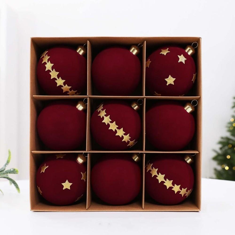 Dark Red Flocked Christmas Balls Elk Pattern Tree Hanging Baubles Creative Crafters