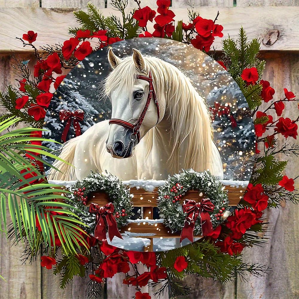 Теплая зимняя деревянная рождественская табличка с узором белой лошади, круглая рождественская табличка для декора на входную дверь или стену, идеальный рождественский подарок
