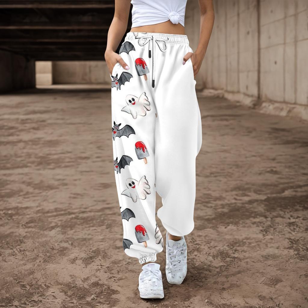 Женские повседневные брюки с принтом на Хэллоуин, эластичные брюки с завязками на талии