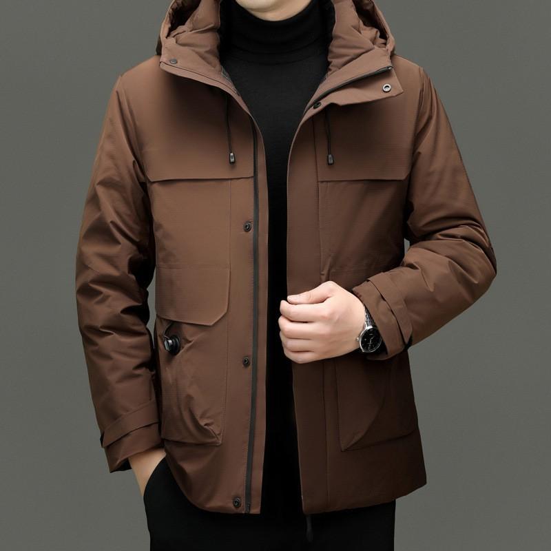 Mens Winter Hooded Down Jacket Short Puffer Coat Warm 86-90% White Duck 550 Fill Power Outdoor Windproof Thick
