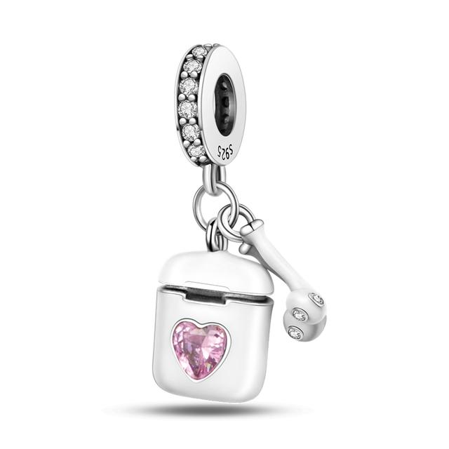 Fit Bracelet Inlaid Zircon Beads Charms 925 Sterling Silver Heart -Shape Colorful Dangle Pendants Bangle Jewelry