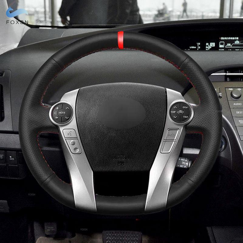 Для Toyota Prius 30 XW30 2009 2010 2011-2015 Prius C US 2012-2017 Автомобильный чехол на руль с отделкой из черной кожи с красной полосой