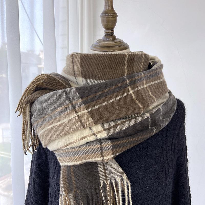 Checkered Scarf Women's Autumn and Winter Retro Imitation Cashmere Warm Tassel Scarf Shawl
