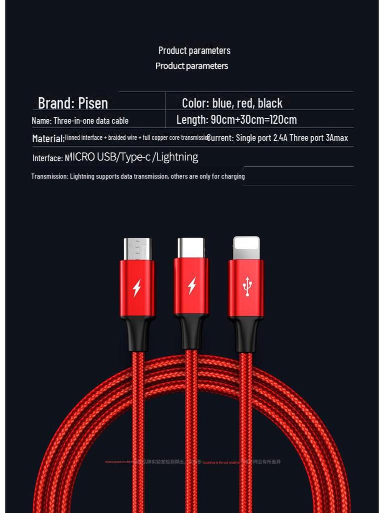 PISEN Кабель для передачи данных 3-в-1 в оплетке из алюминиевого сплава для устройств Apple, Android, Type-C